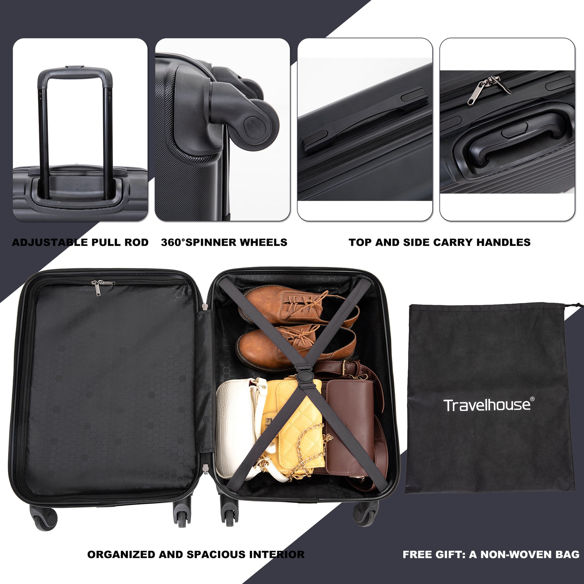 20" Carry On Luggage Lightweight Suitcase, Spinner Wheels, Black Black Abs