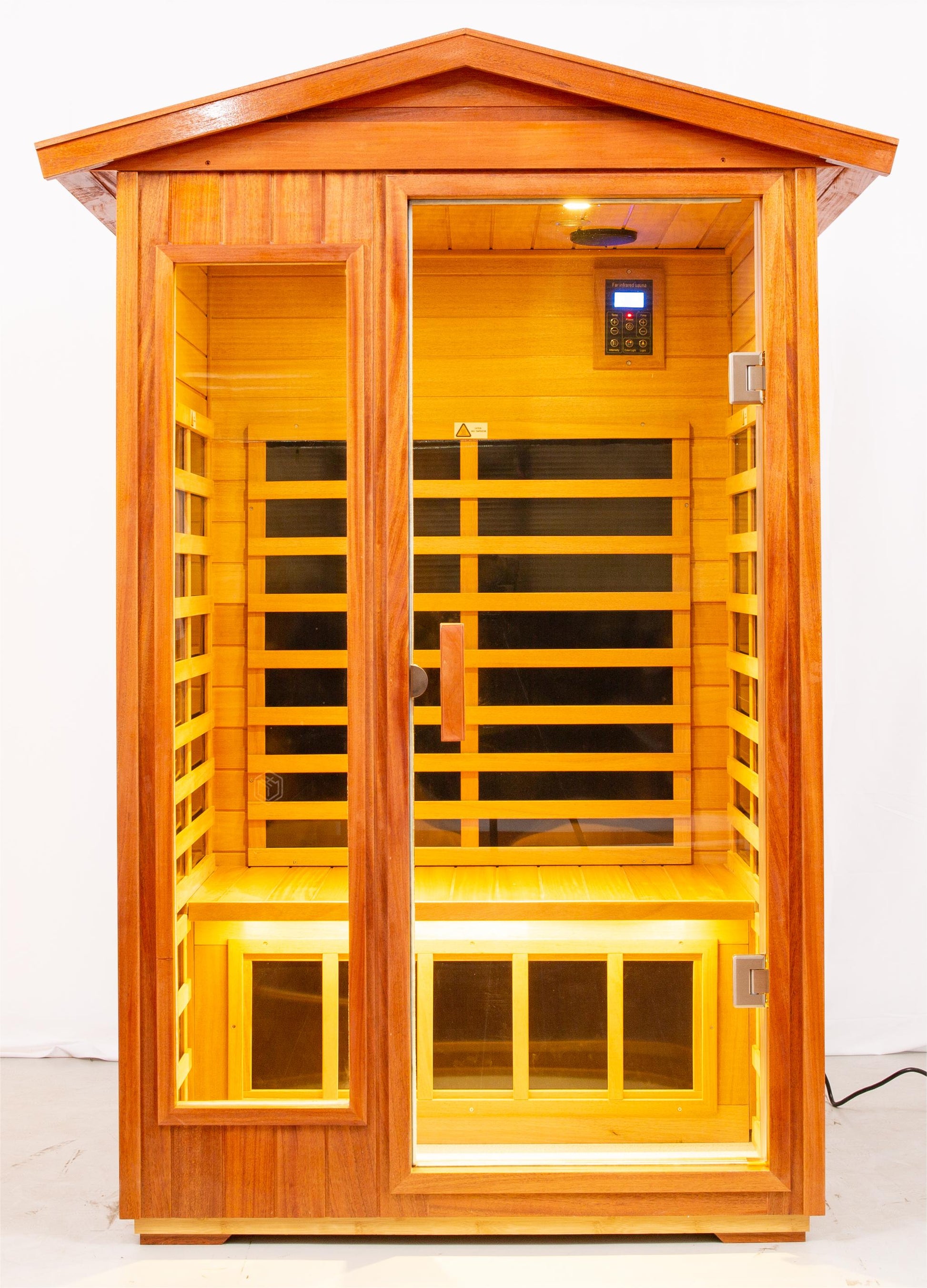 Two Person Far Infrared Khaya Wood Outdoor Sauna Room Left & Right Natural Wood Wood Stainless Steel