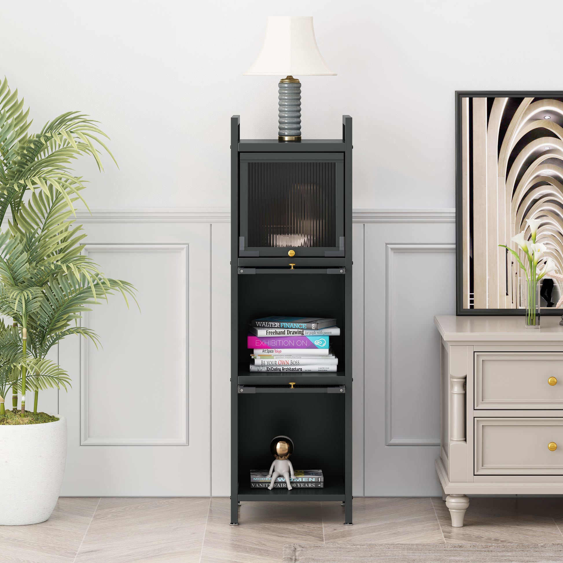 Modern Three Tier Glass Door Cabinet With Featuring Four Tier Storage, For Entryway Living Room Bathroom Dining Room,Matte Gray Matte Gray Metal