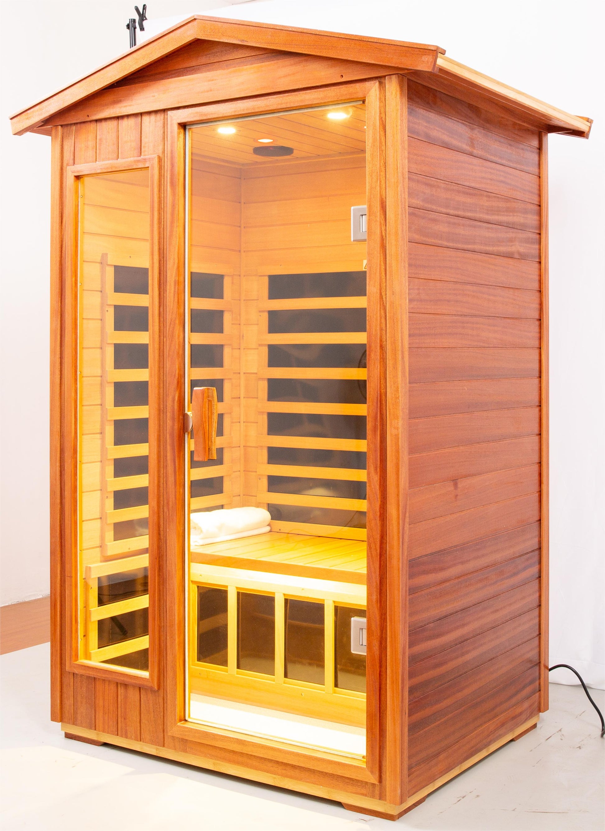 Two Person Far Infrared Khaya Wood Outdoor Sauna Room Left & Right Natural Wood Wood Stainless Steel