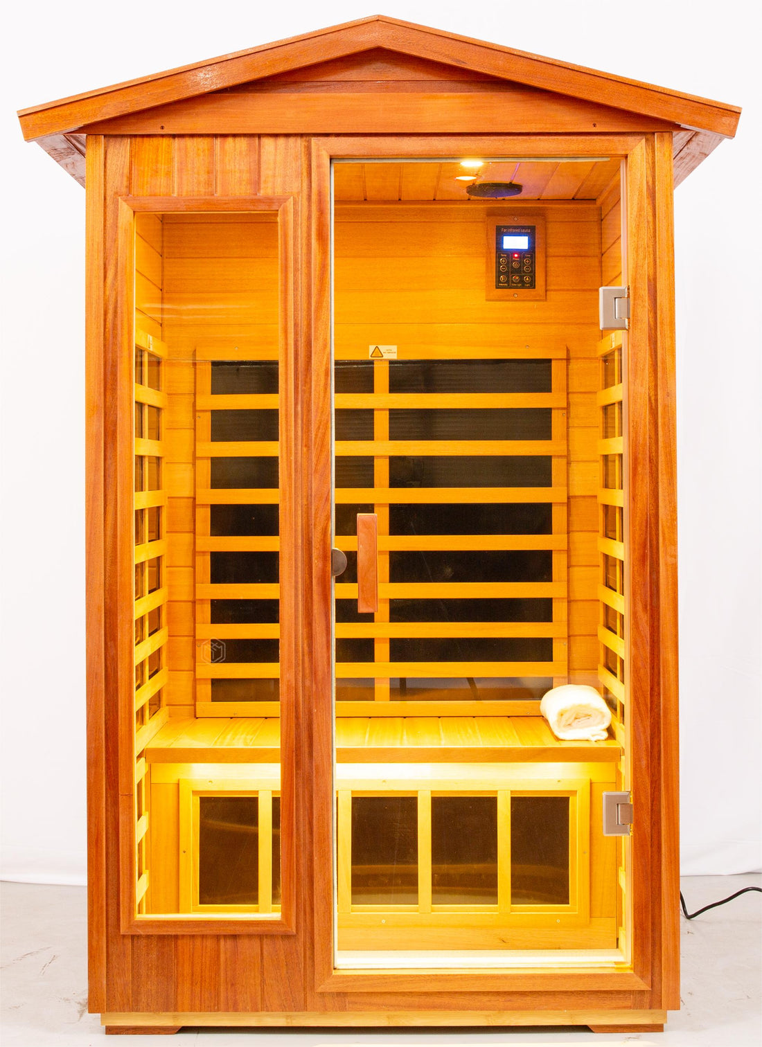 Two Person Far Infrared Khaya Wood Outdoor Sauna Room Left & Right Natural Wood Wood Stainless Steel