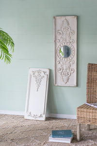 Set Of 2 Large Wooden Wall Art Panels With Distressed White Finish And Round Mirror Accents,17" X 48" White Wood