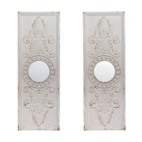 Set Of 2 Large Wooden Wall Art Panels With Distressed White Finish And Round Mirror Accents,17" X 48" White Wood