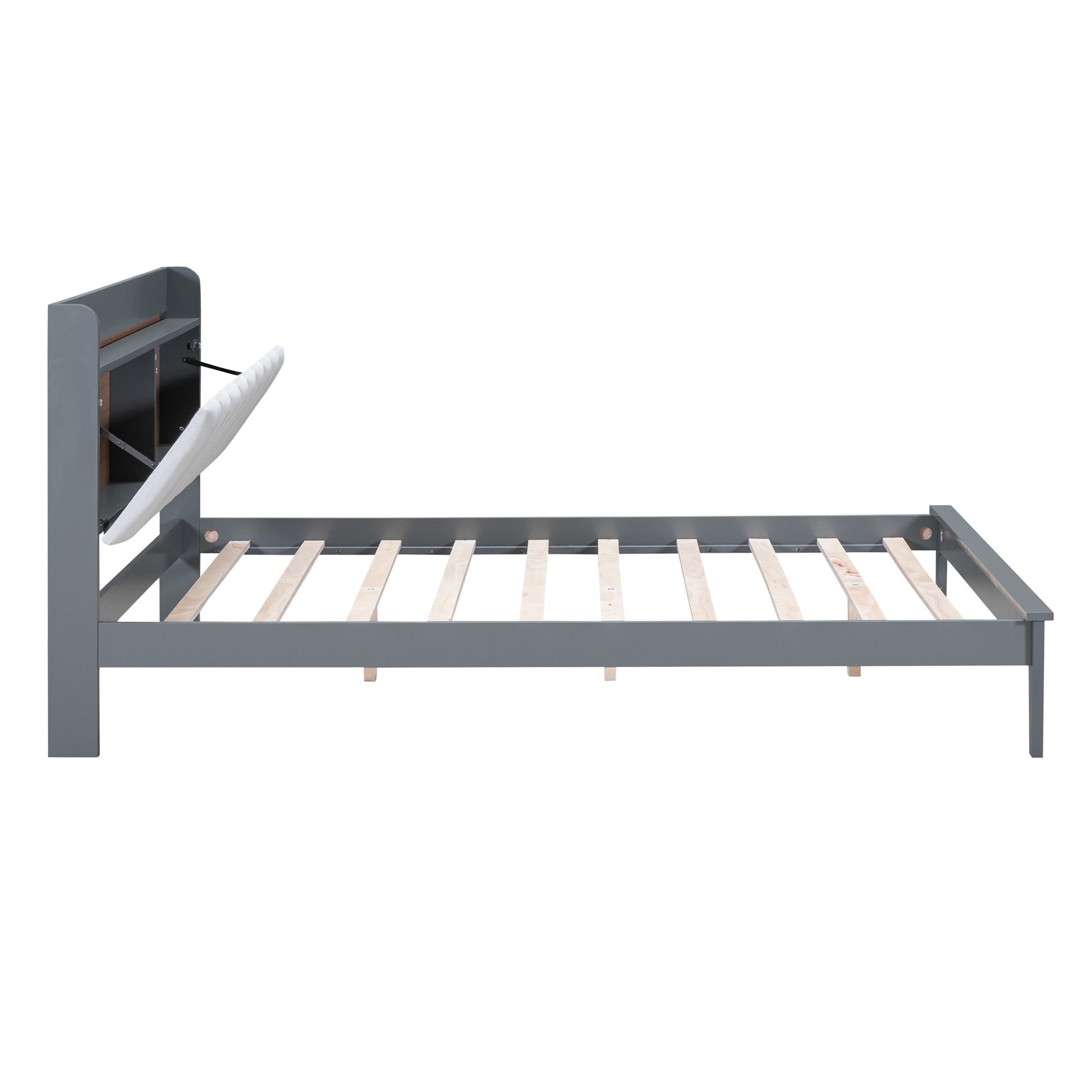 Queen Size Platform Bed With Usb Charging Station And Storage Upholstered Headboard,Led Bed Frame,No Box Spring Needed,Gray White Gray Wood