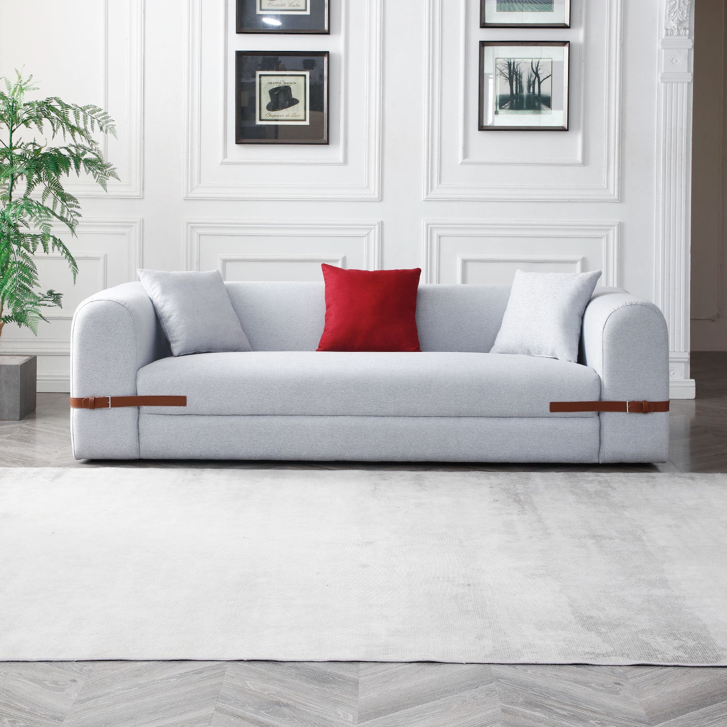 Modern Sofa Couch Contrast Color Saddle Leather Belt Design 3 Seat Sofa For Living Room Bedroom, Apartment, Grey Grey Fabric