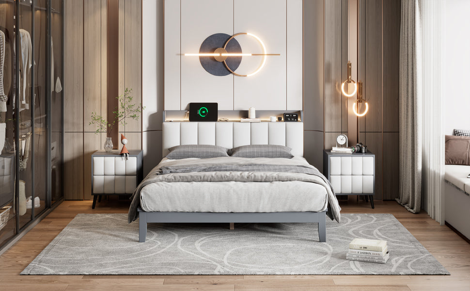 Queen Size Platform Bed With Usb Charging Station And Storage Upholstered Headboard,Led Bed Frame,No Box Spring Needed,Gray White Gray Wood