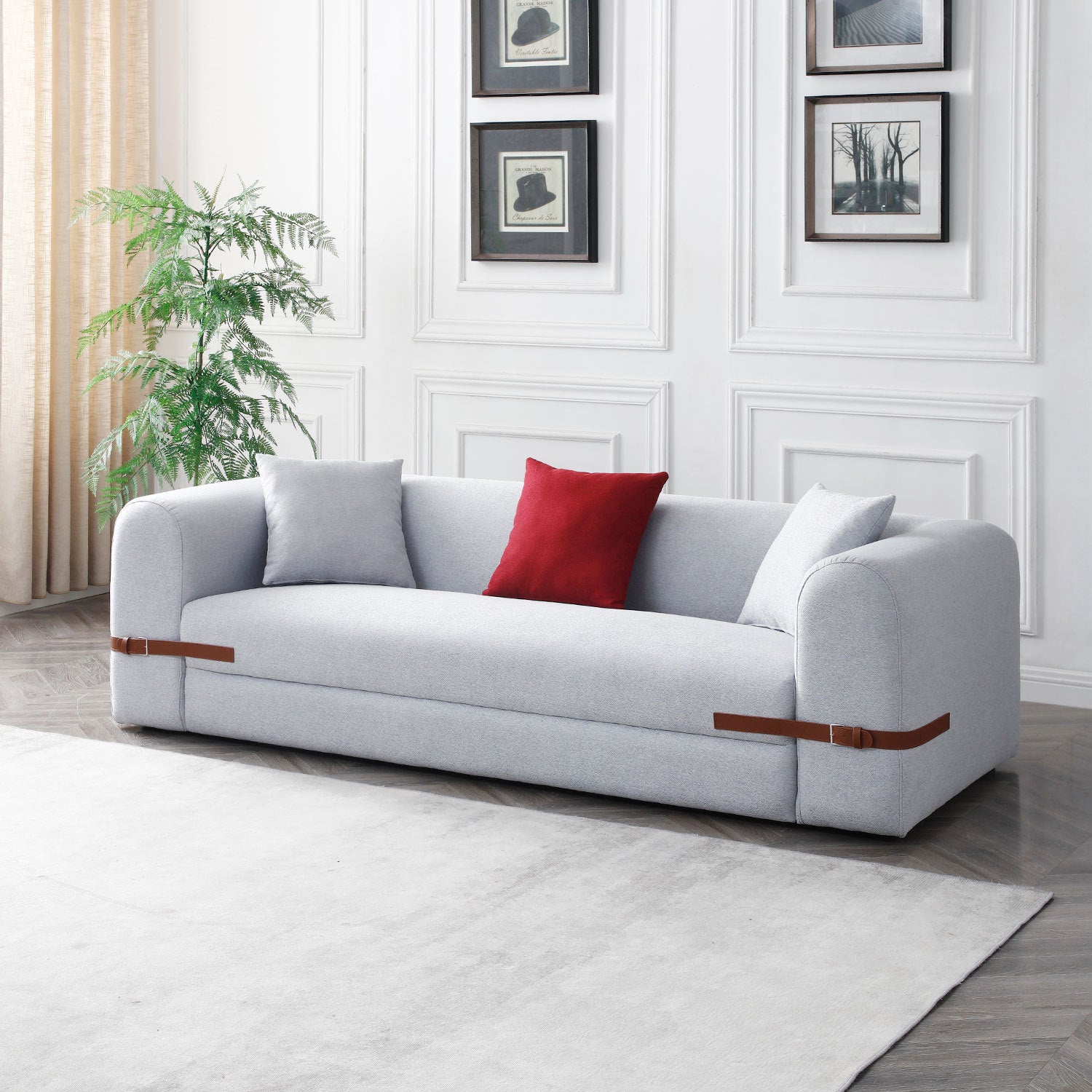 Modern Sofa Couch Contrast Color Saddle Leather Belt Design 3 Seat Sofa For Living Room Bedroom, Apartment, Grey Grey Fabric