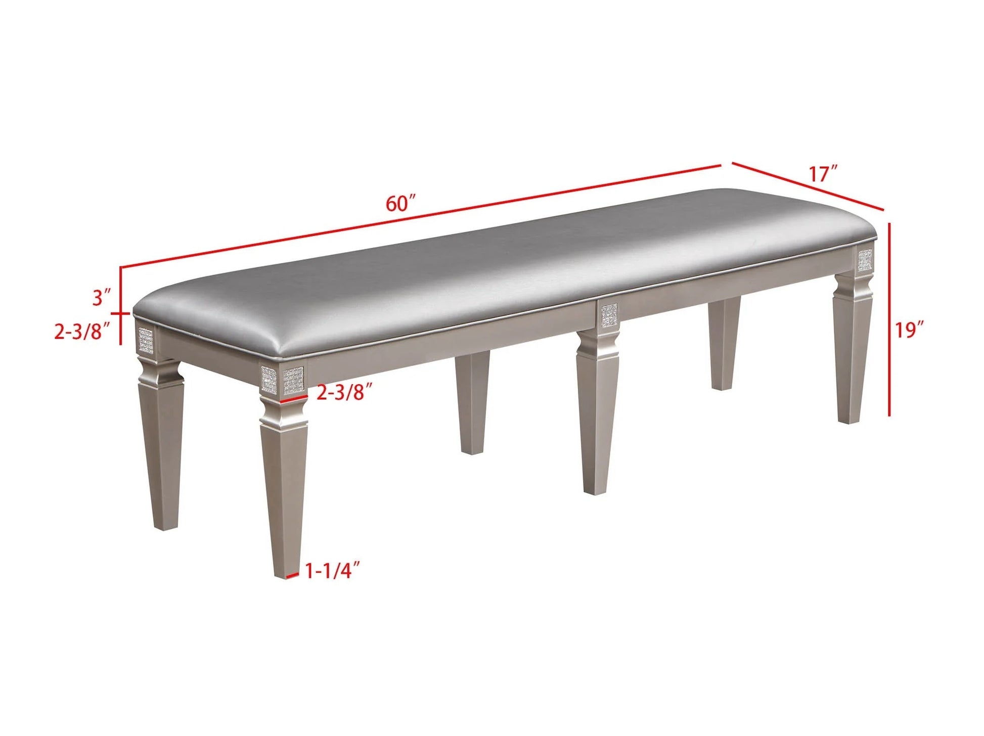 1 Pc Modern Glam Long Bench Upholstered Seat Sparkling Embellishments Silver Gray Finish Furniture Bedroom Living Room Dining Room Silver Rectangular Grey Glam Wood