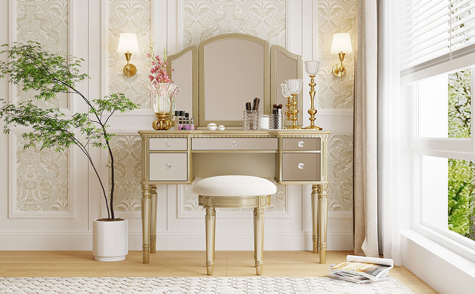 43" Dressing Table Set With Mirrored Drawers And Stool, Tri Fold Mirror, Makeup Vanity Set For Bedroom, Ld Gold Solid Wood Mdf