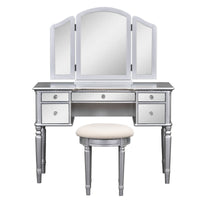 43" Dressing Table Set With Mirrored Drawers And Stool, Tri Fold Mirror, Makeup Vanity Set For Bedroom, Silver Silver Solid Wood Mdf