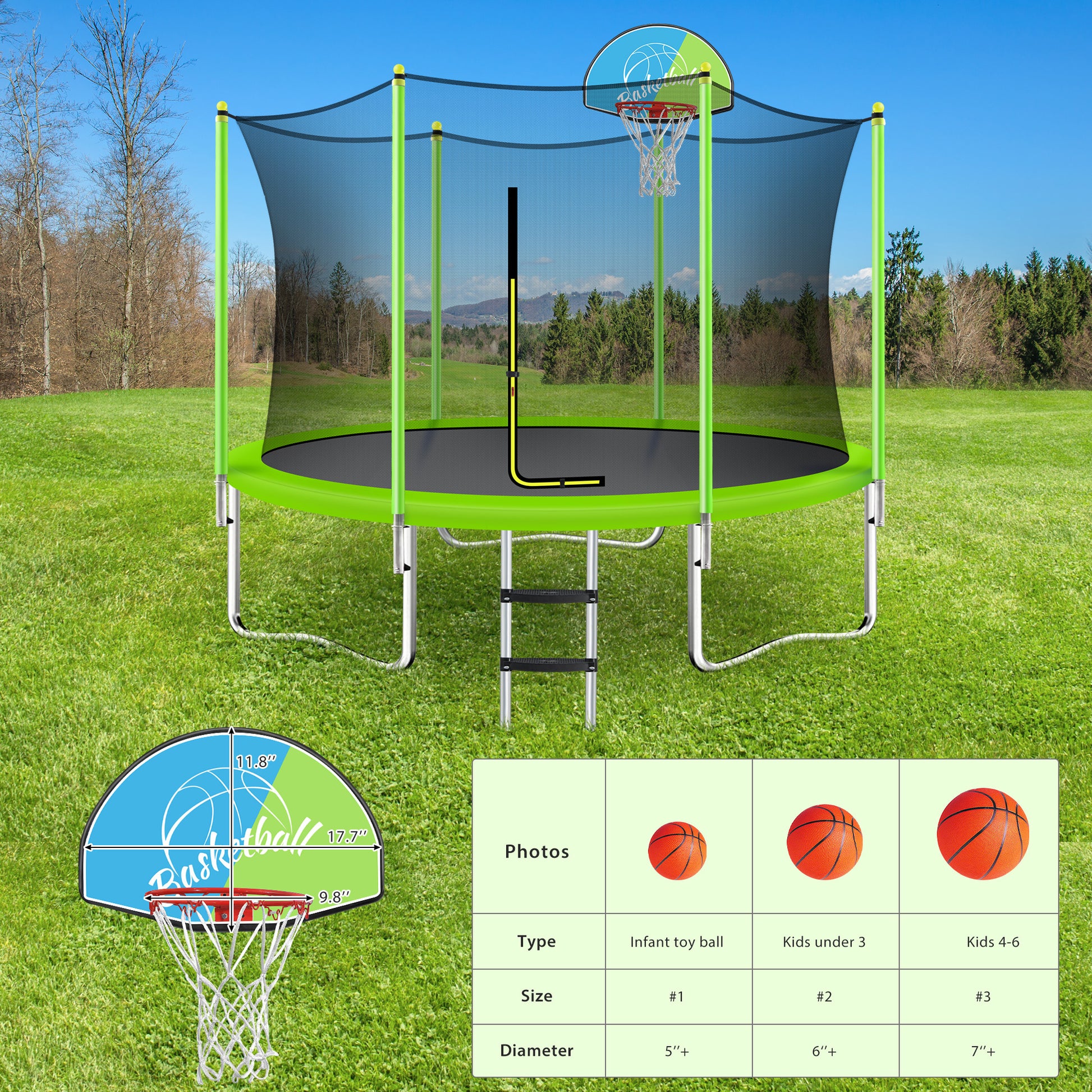 10Ft Trampoline For Kids With Safety Enclosure Net, Basketball Hoop And Ladder, Easy Assembly Round Outdoor Recreational Trampoline Green Metal