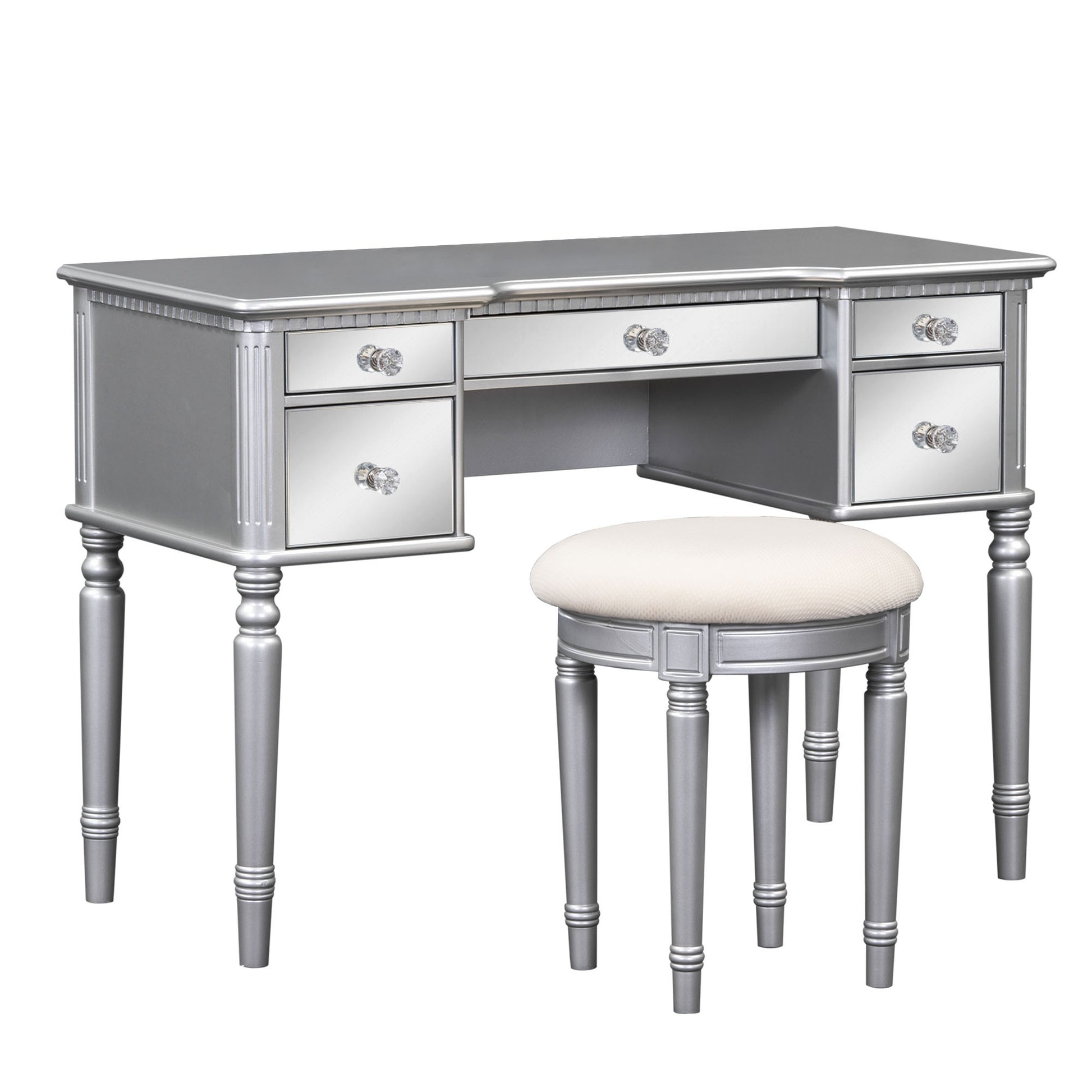 43" Dressing Table Set With Mirrored Drawers And Stool, Tri Fold Mirror, Makeup Vanity Set For Bedroom, Silver Silver Solid Wood Mdf