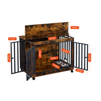 Furniture Style Dog Crate Side Table With Feeding Bowl, Wheels, Three Doors, Flip Up Top Opening. Indoor, Rustic Brown, 38.58"W X 25.2"D X 27.17"H Rustic Brown Particle Board