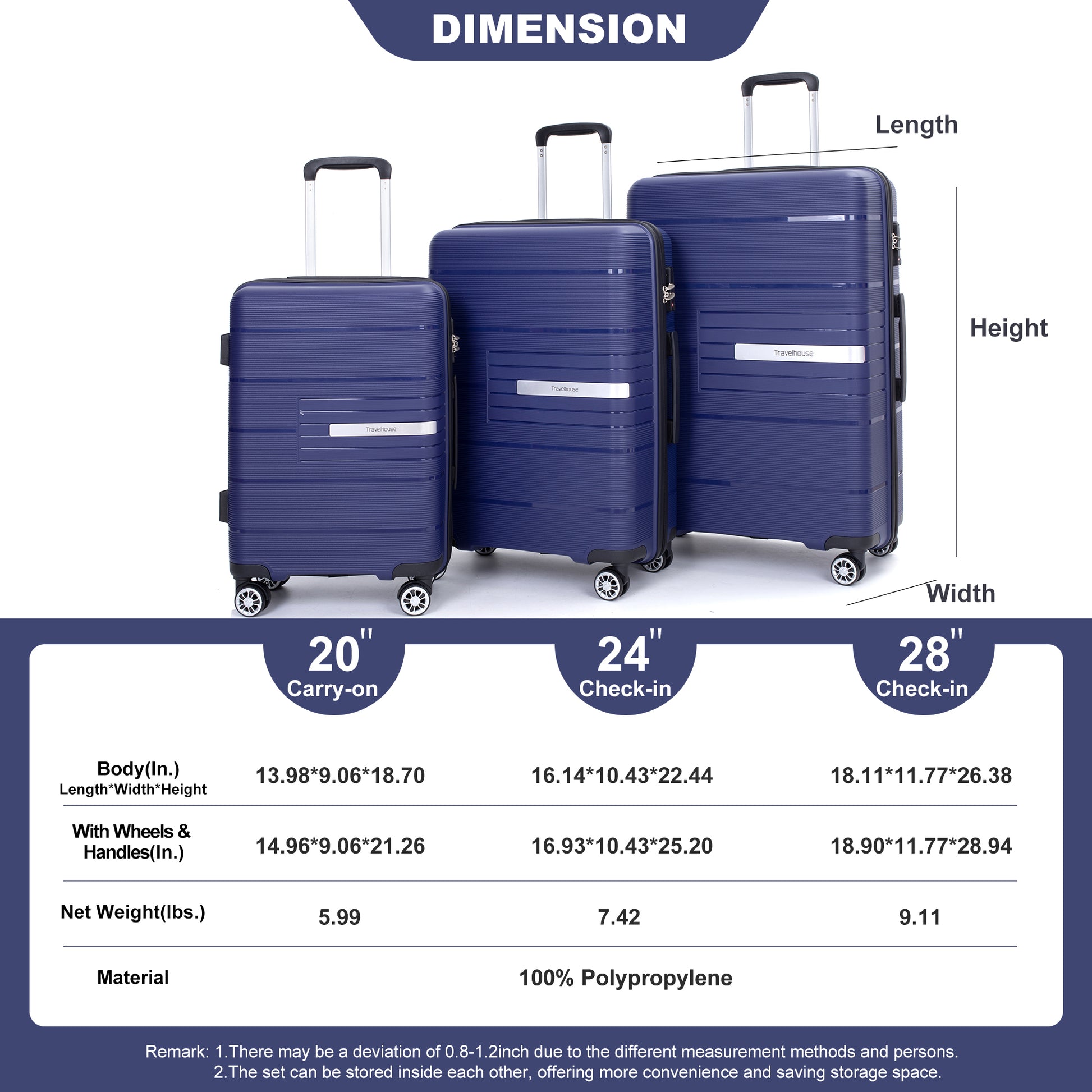 Hardshell Suitcase Double Spinner Wheels Pp Luggage Sets Lightweight Durable Suitcase With Tsa Lock,3 Piece Set 20 24 28 Navy Navy Polypropylene