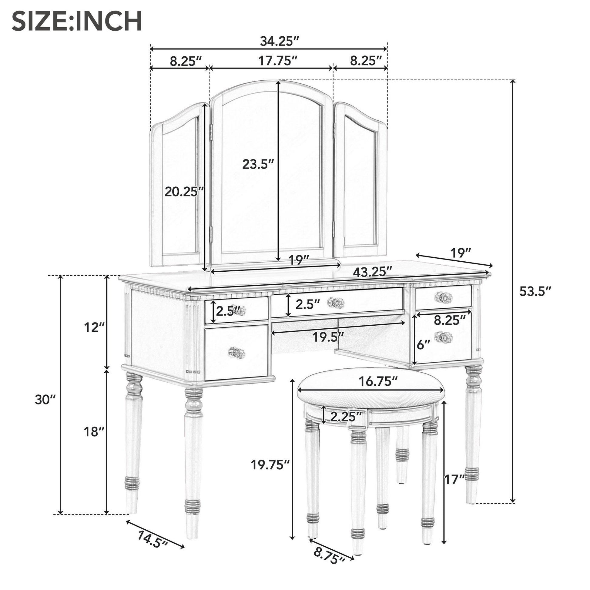 43" Dressing Table Set With Mirrored Drawers And Stool, Tri Fold Mirror, Makeup Vanity Set For Bedroom, Silver Silver Solid Wood Mdf