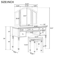 43" Dressing Table Set With Mirrored Drawers And Stool, Tri Fold Mirror, Makeup Vanity Set For Bedroom, Silver Silver Solid Wood Mdf