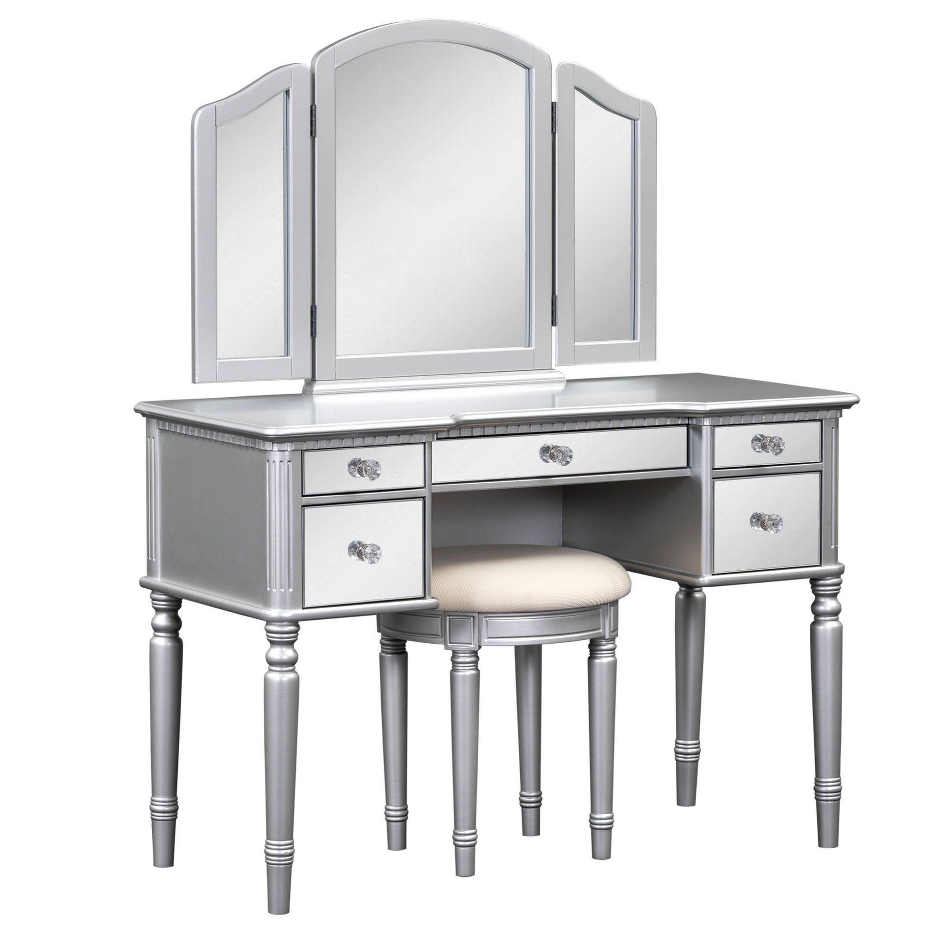 43" Dressing Table Set With Mirrored Drawers And Stool, Tri Fold Mirror, Makeup Vanity Set For Bedroom, Silver Silver Solid Wood Mdf