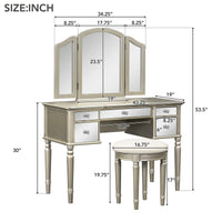 43" Dressing Table Set With Mirrored Drawers And Stool, Tri Fold Mirror, Makeup Vanity Set For Bedroom, Ld Gold Solid Wood Mdf