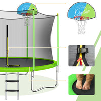 10Ft Trampoline For Kids With Safety Enclosure Net, Basketball Hoop And Ladder, Easy Assembly Round Outdoor Recreational Trampoline Green Metal