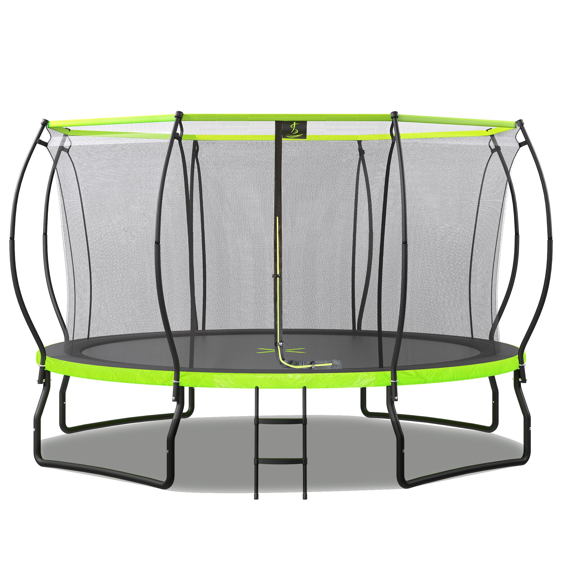 14Ft Trampoline For Kids With Upgraded Arc Composite Pole And Safety Enclosure Net, Ladder And 8 Wind Stakes, Round Outdoor Recreational Playset Balanced Physical Training Trampoline Green Metal