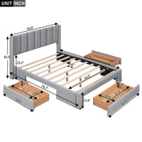 Queen Size Upholstered Platform Bed With One Large Drawer In The Footboard And Drawer On Each Side,Gray Queen Gray Upholstered