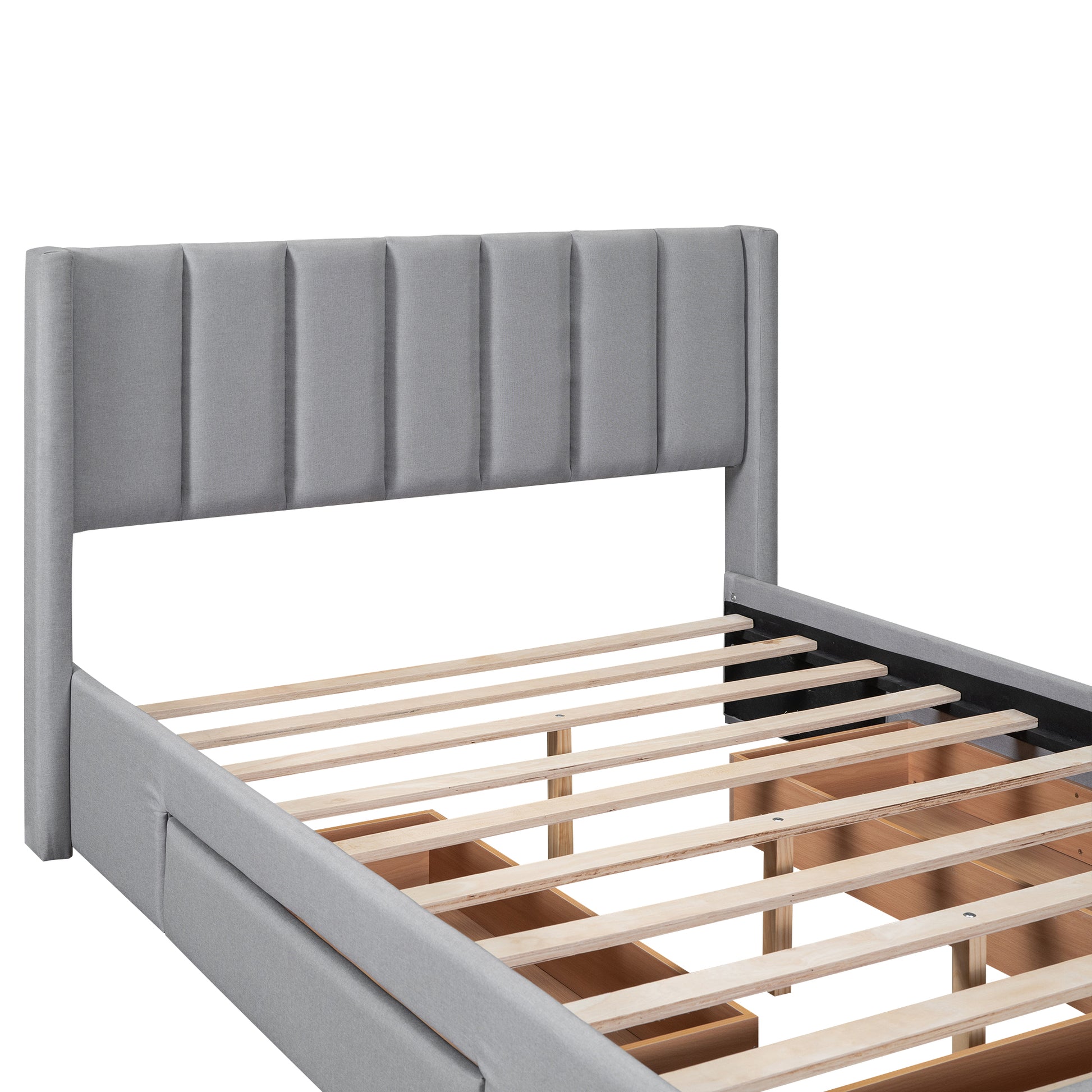 Queen Size Upholstered Platform Bed With One Large Drawer In The Footboard And Drawer On Each Side,Gray Queen Gray Upholstered