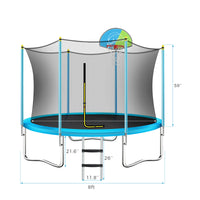 8Ft Trampoline For Kids With Safety Enclosure Net, Basketball Hoop And Ladder, Easy Assembly Round Outdoor Recreational Trampoline Blue Metal