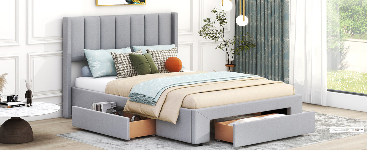 Queen Size Upholstered Platform Bed With One Large Drawer In The Footboard And Drawer On Each Side,Gray Queen Gray Upholstered