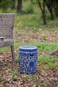 Ceramic Garden Stool, Blue And White Small Side Tabel, D11" X 16" White Blue Porcelain