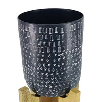 Alex 8 Inch Artisanal Industrial Round Hammered Metal Planter Pot With Wood Arch Stand, Midnight Blue Blue Metal & Wood