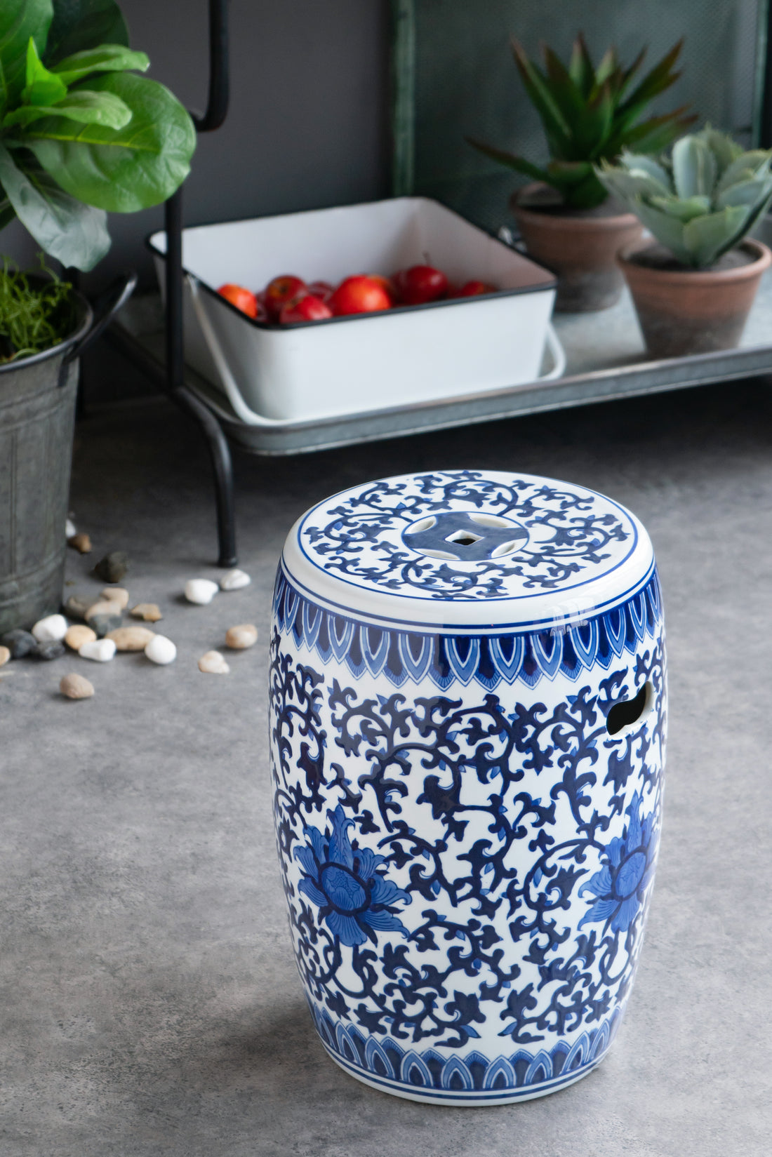 Ceramic Garden Stool, Blue And White Small Side Tabel, D11" X 16" White Blue Porcelain