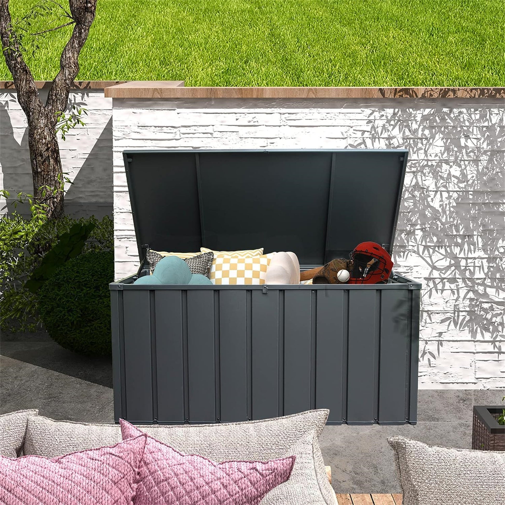 100 Gallon Outdoor Storage Deck Box Waterproof, Large Patio Storage Bin For Outside Cushions, Throw Pillows, Garden Tools, Lockable Dark Gray Dark Gray Steel