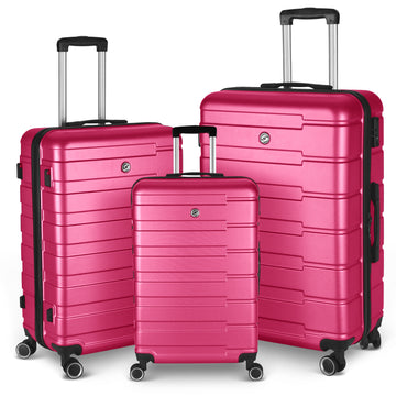 Luggage Suitcase 3 Piece Sets Hardside Carry On Luggage With Spinner Wheels 20" 24" 28" Rose Red Abs