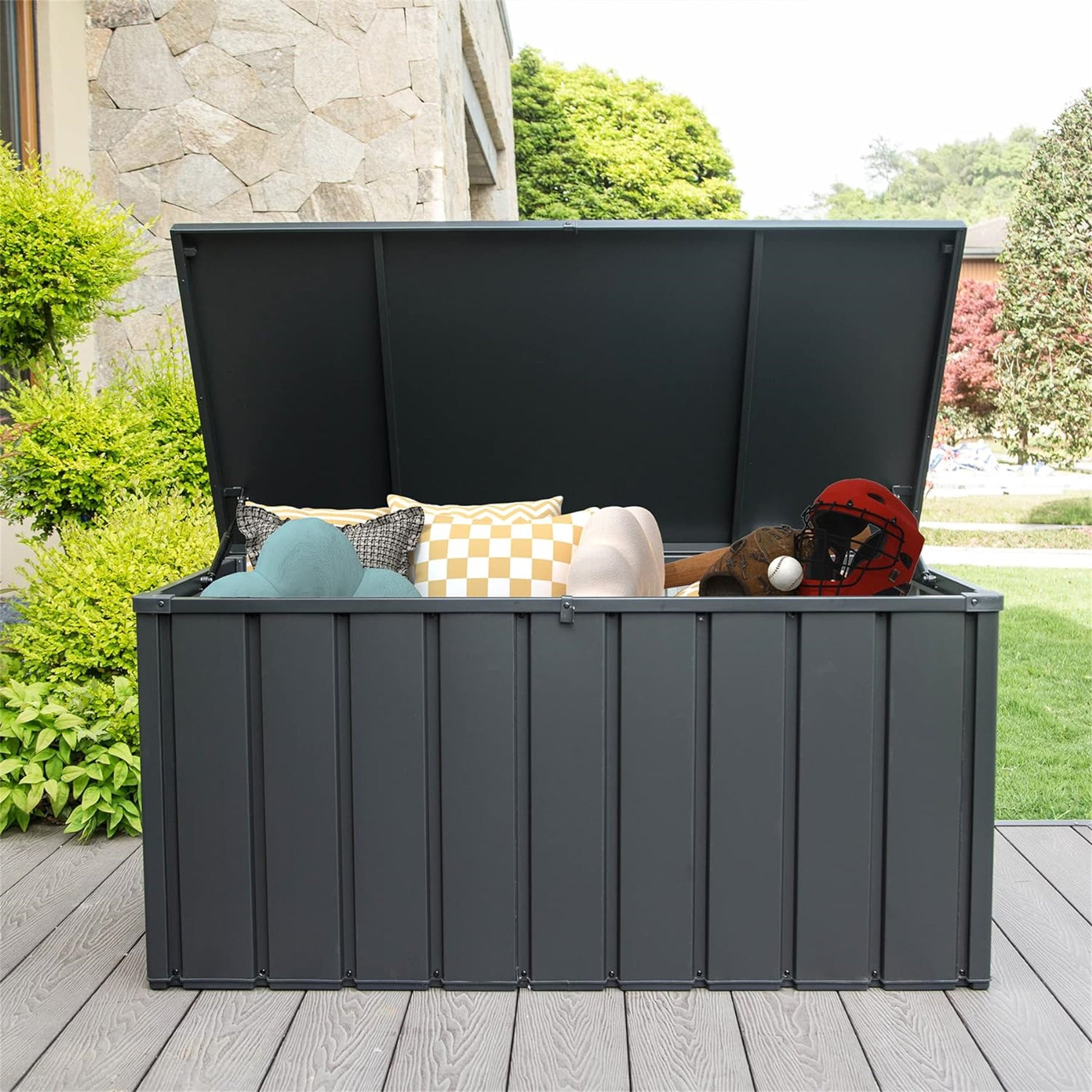 120 Gallon Outdoor Storage Deck Box Waterproof, Large Patio Storage Bin For Outside Cushions, Throw Pillows, Garden Tools, Lockable Dark Gray Dark Gray Steel