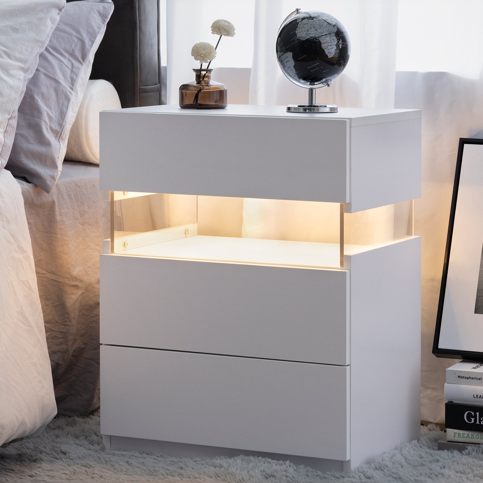 Led Nightstands 3 Drawer Dresser For Bedroom End Table With Acrylic Board Led Bedside Tables For Bedroom Living Room Bedside Furniture White White White 3 Drawers Bedroom Bedside Cabinet American Design,American Traditional,Boho,Casual,Classic Easy