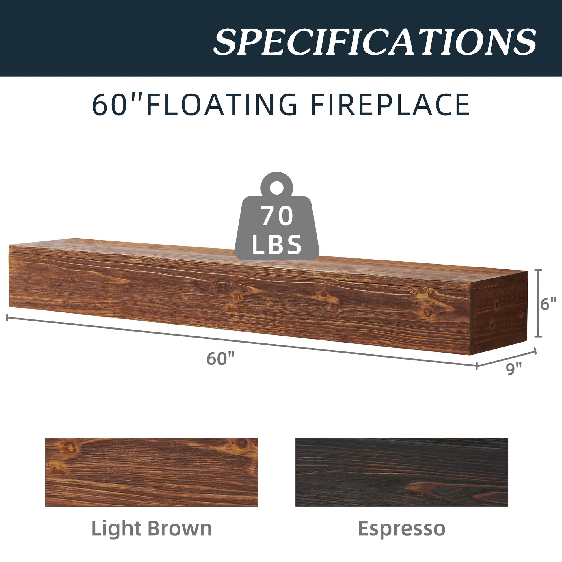 60" Rustic Wood Fireplace Mantel, Wall Mounted & Floating Shelf For Home Decor Light Brown Solid Wood