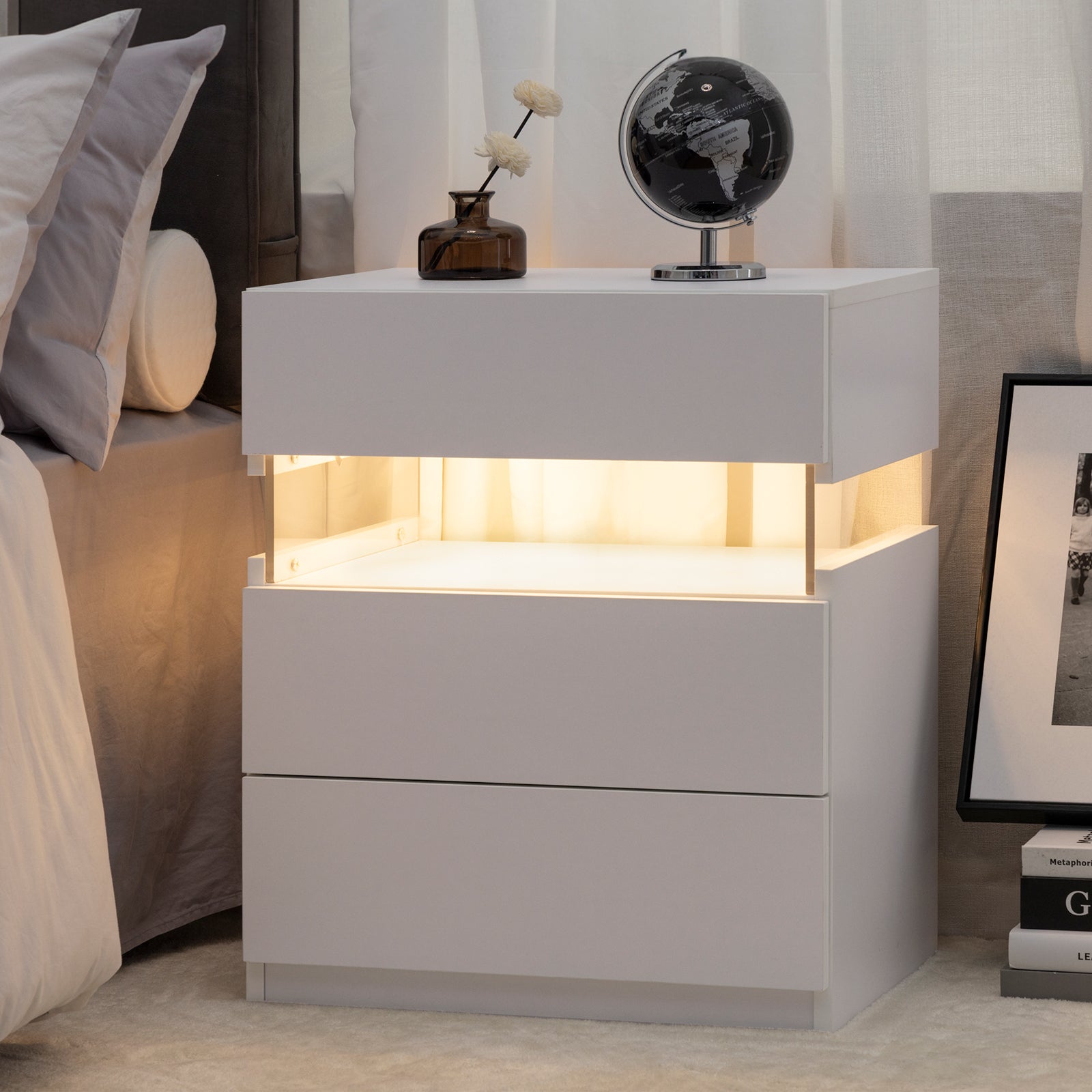 Led Nightstands 3 Drawer Dresser For Bedroom End Table With Acrylic Board Led Bedside Tables For Bedroom Living Room Bedside Furniture White White White 3 Drawers Bedroom Bedside Cabinet American Design,American Traditional,Boho,Casual,Classic Easy