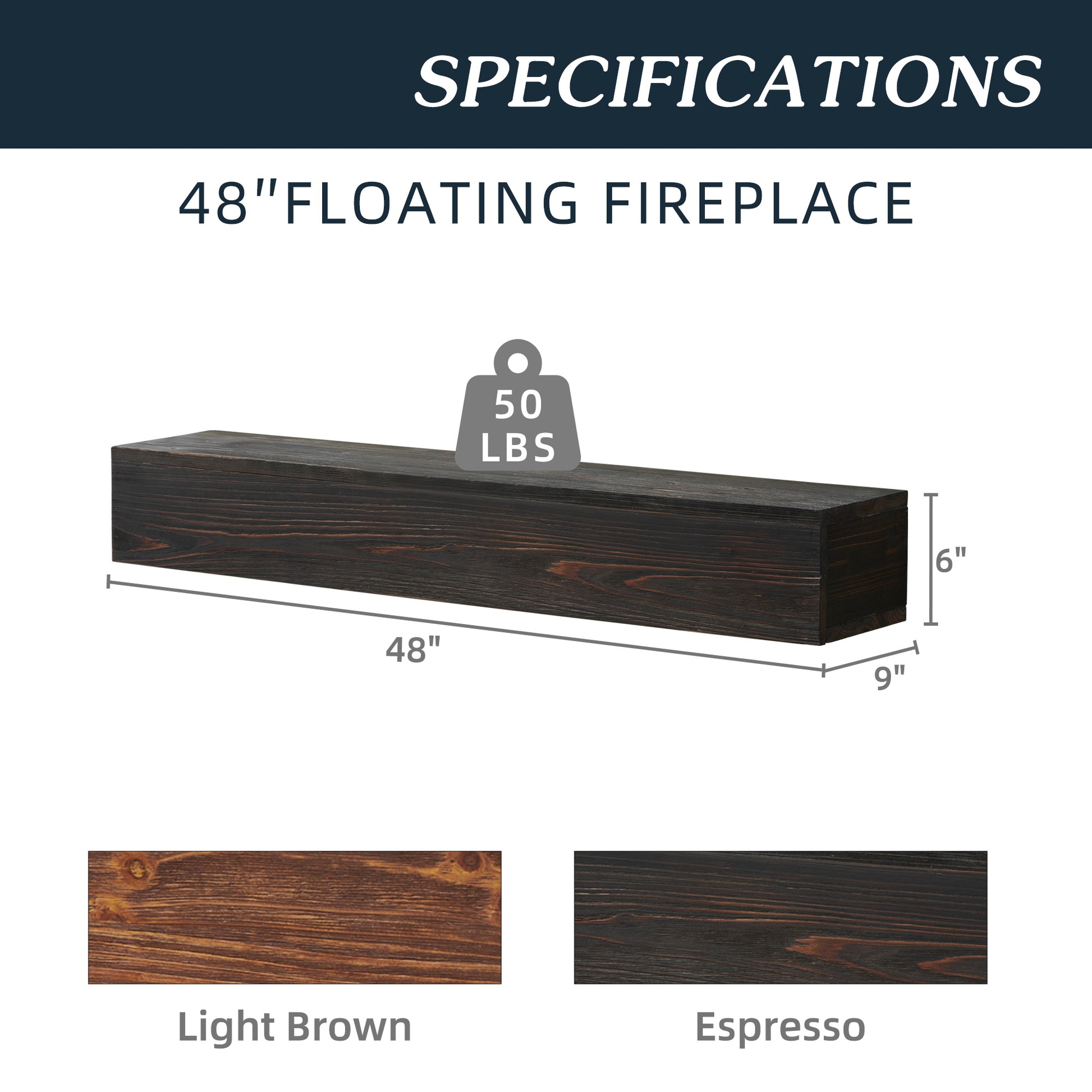 48" Rustic Wood Fireplace Mantel,Wall Mounted & Floating Shelf For Home Decor Espresso Solid Wood