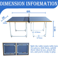 6Ft Mid Size Table Tennis Table Foldable & Portable Ping Pong Table Set For Indoor & Outdoor Games With Net, 2 Table Tennis Paddles And 3 Balls Cyan Mdf