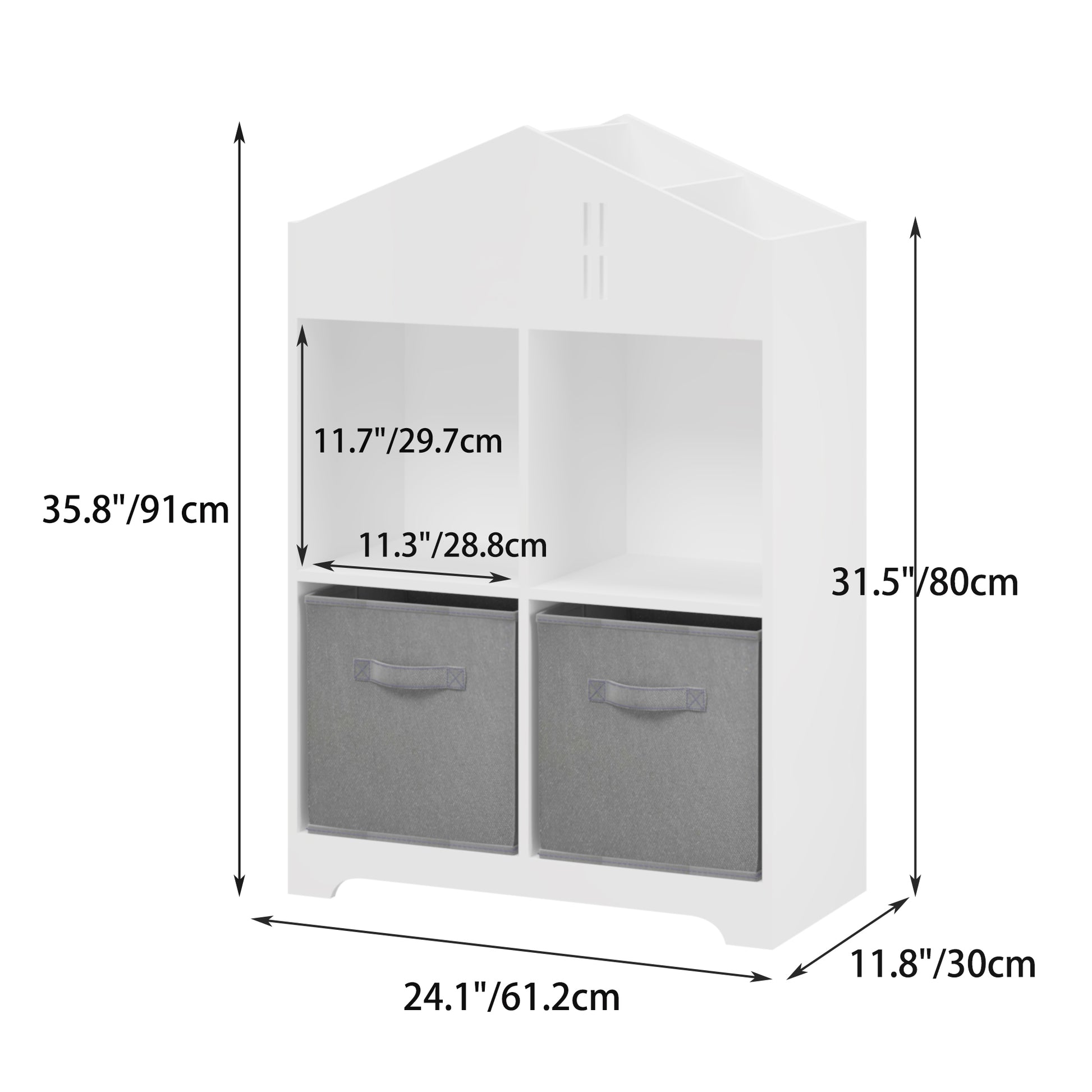 Kids Dollhouse Bookcase With Storage, 2 Tier Storage Display Organizer, Toddler Bookshelf With 2 Collapsible Fabric Drawers For Bedroom Or Playroom White Gray White Gray Mdf