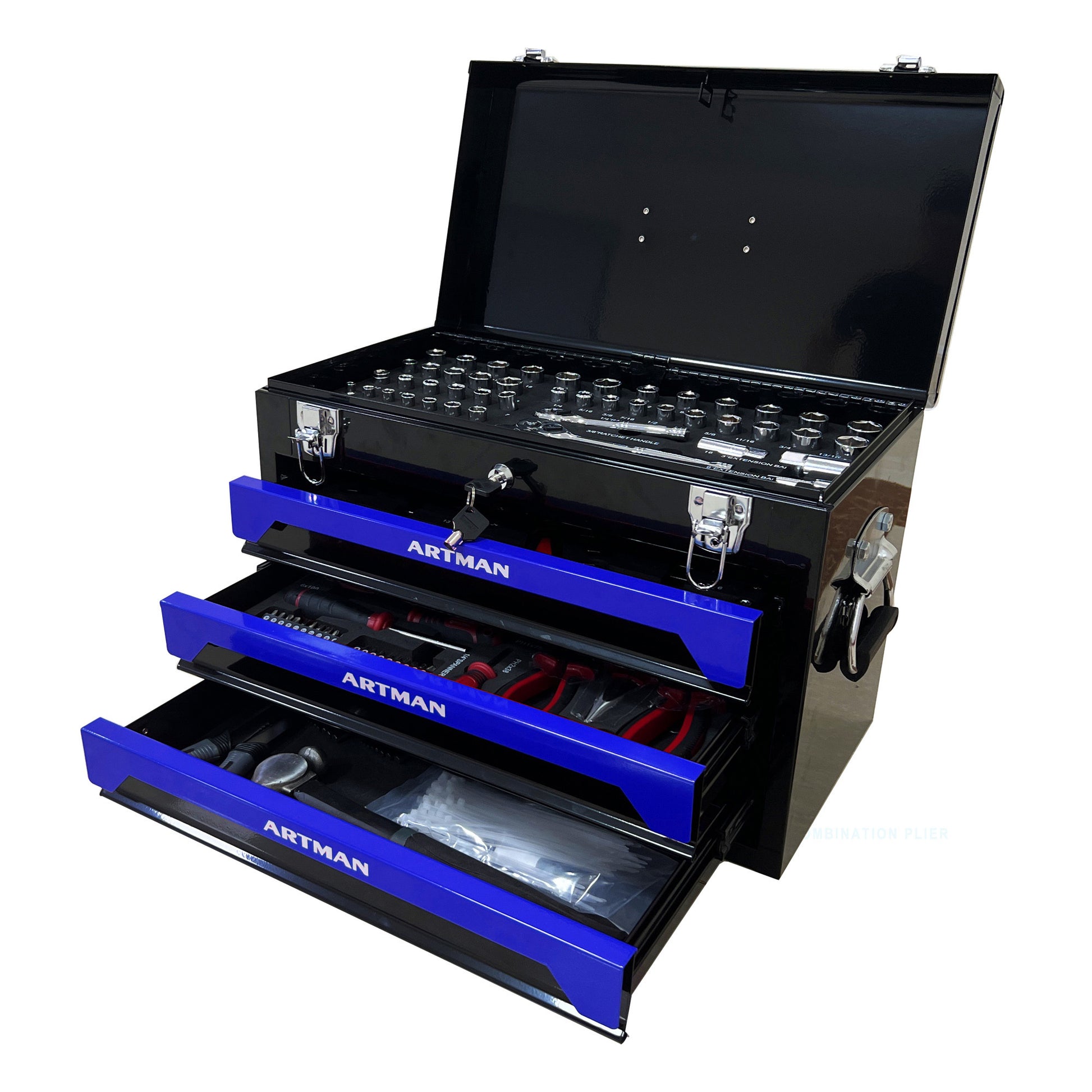 3 Drawers Tool Box With Tool Set Black Blue Steel