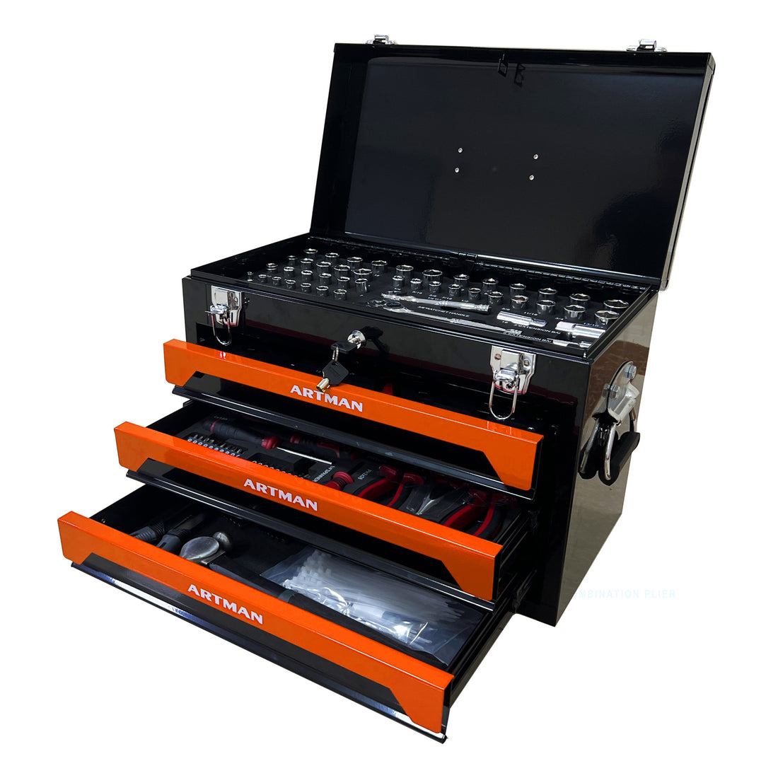 3 Drawers Tool Box With Tool Set Orange Orange Steel