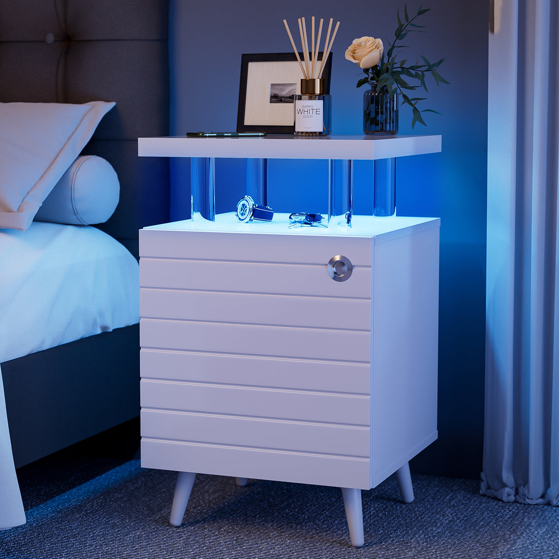 Led Nightstand Led Bedside Table End Tables Living Room With 4 Acrylic Columns, Bedside Table With Drawers For Bedroom White White White 2 Drawers Bedroom With Legs American Design,American Traditional,Casual,Classic,Modern Oak Storage Walnut Acrylic