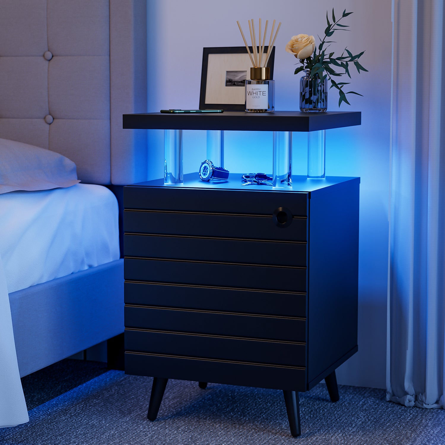 Led Nightstand Led Bedside Table End Tables Living Room With 4 Acrylic Columns, Bedside Table With Drawers For Bedroom Black White White 2 Drawers Bedroom With Legs American Design,American Traditional,Casual,Classic,Modern Oak Storage Walnut Acrylic