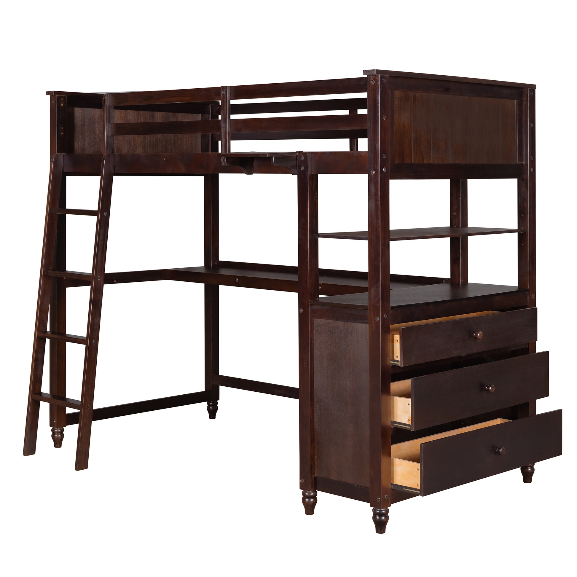 Twin Size Loft Bed With Drawers And Desk, Wooden Loft Bed With Shelves Espresso Old Sku: Lt001530Aap Espresso Solid Wood