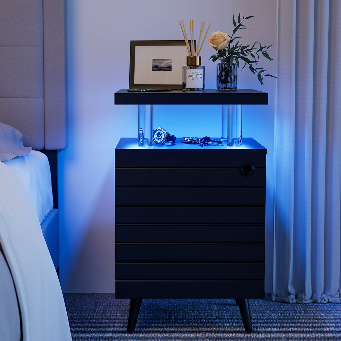 Led Nightstand Led Bedside Table End Tables Living Room With 4 Acrylic Columns, Bedside Table With Drawers For Bedroom Black White White 2 Drawers Bedroom With Legs American Design,American Traditional,Casual,Classic,Modern Oak Storage Walnut Acrylic