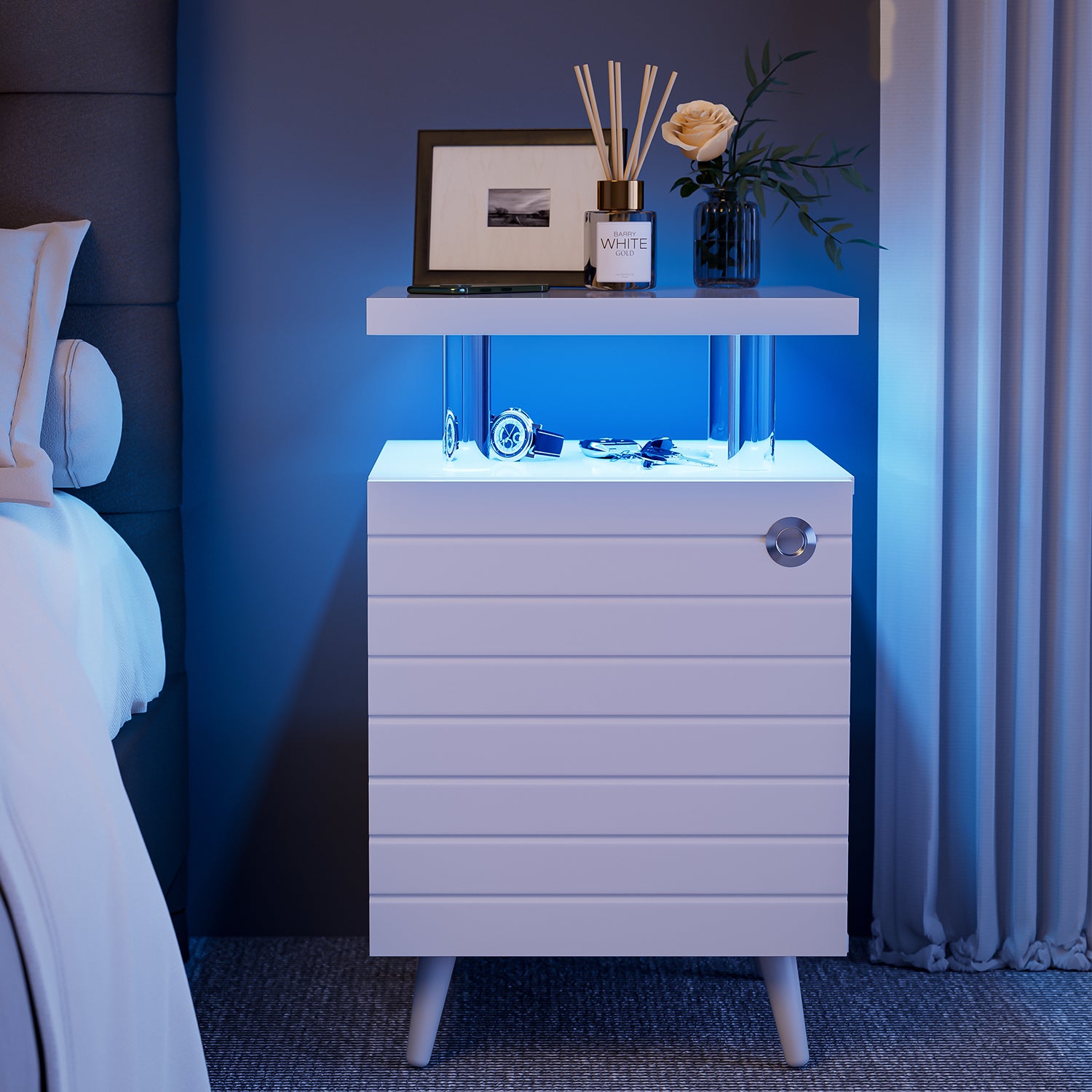 Led Nightstand Led Bedside Table End Tables Living Room With 4 Acrylic Columns, Bedside Table With Drawers For Bedroom White White White 2 Drawers Bedroom With Legs American Design,American Traditional,Casual,Classic,Modern Oak Storage Walnut Acrylic