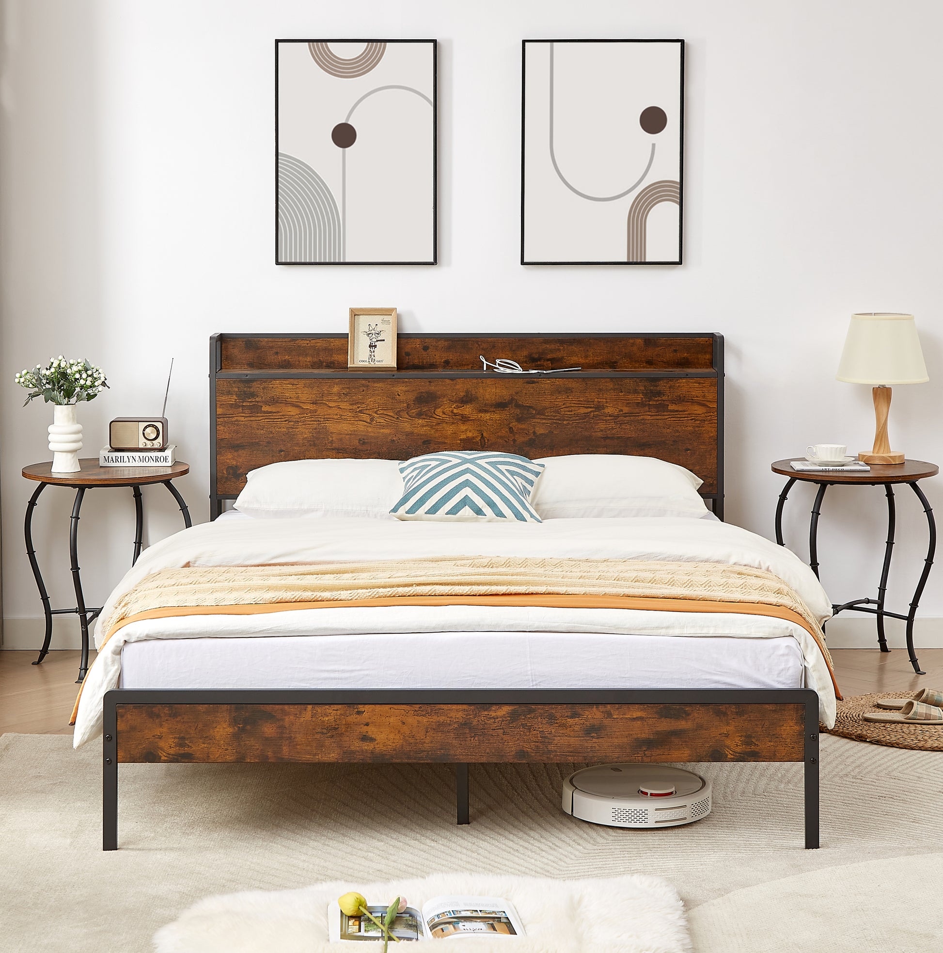 Bed Frame With Charging Station Queen Size,87.80'' L X 61.80'' W X 39.2'' H Queen Rustic Brown Particle Board