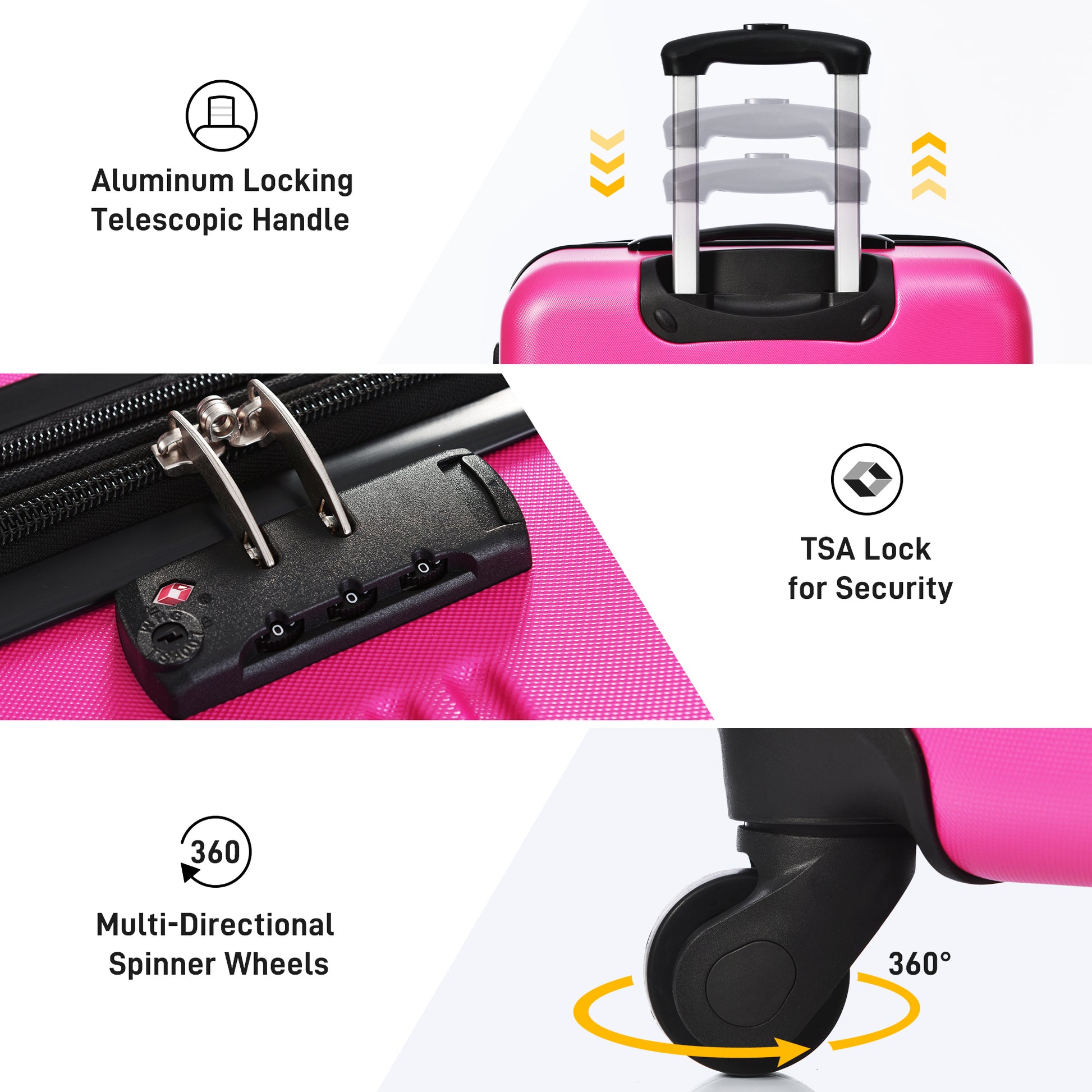 Hardshell Luggage Sets 20Inches Bag Spinner Suitcase With Tsa Lock Lightweight Pink Abs