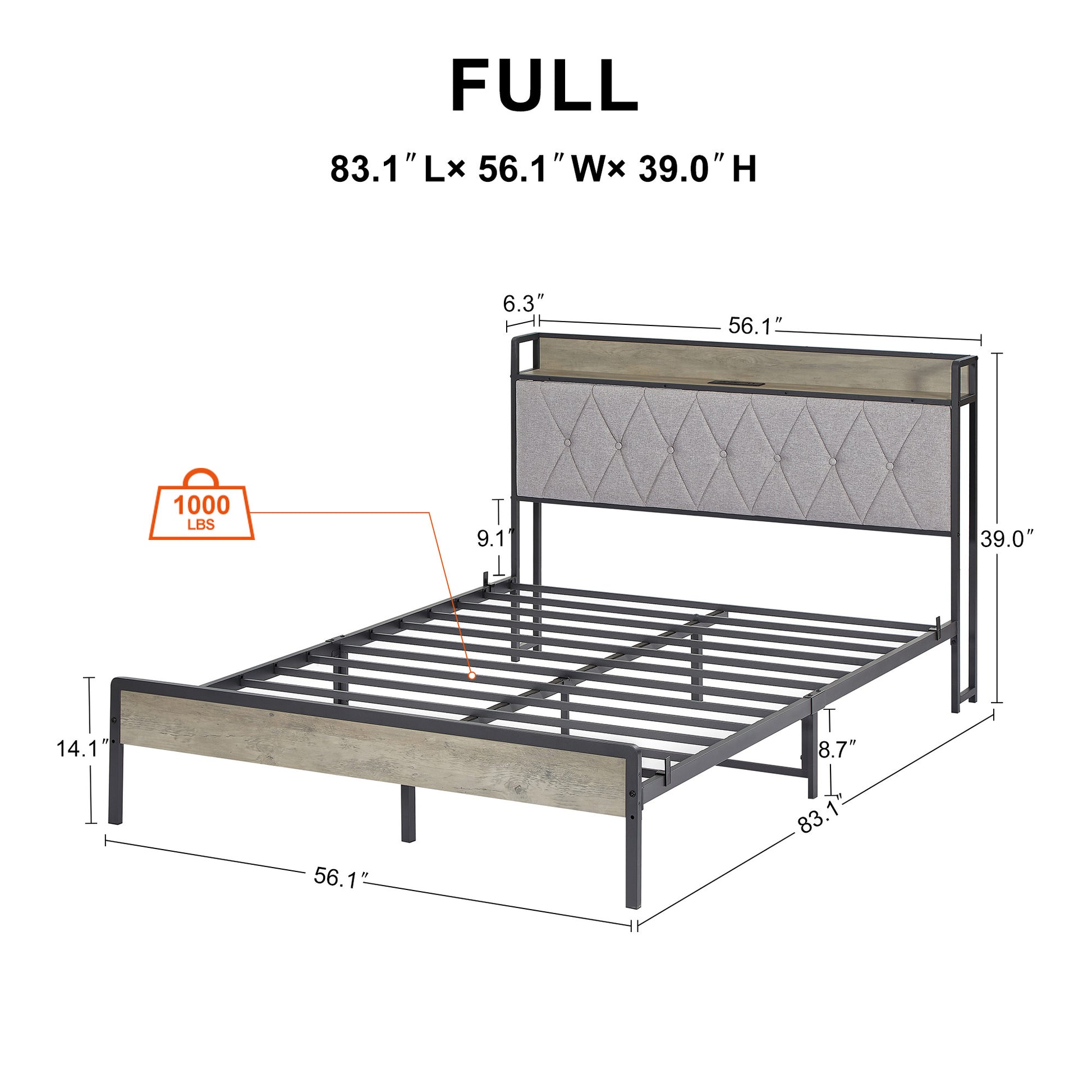 Bed Frame With Charging Station Full Size, Grey, 83.1'' L X 56.1'' W X 39.2'' H. Full Grey Particle Board